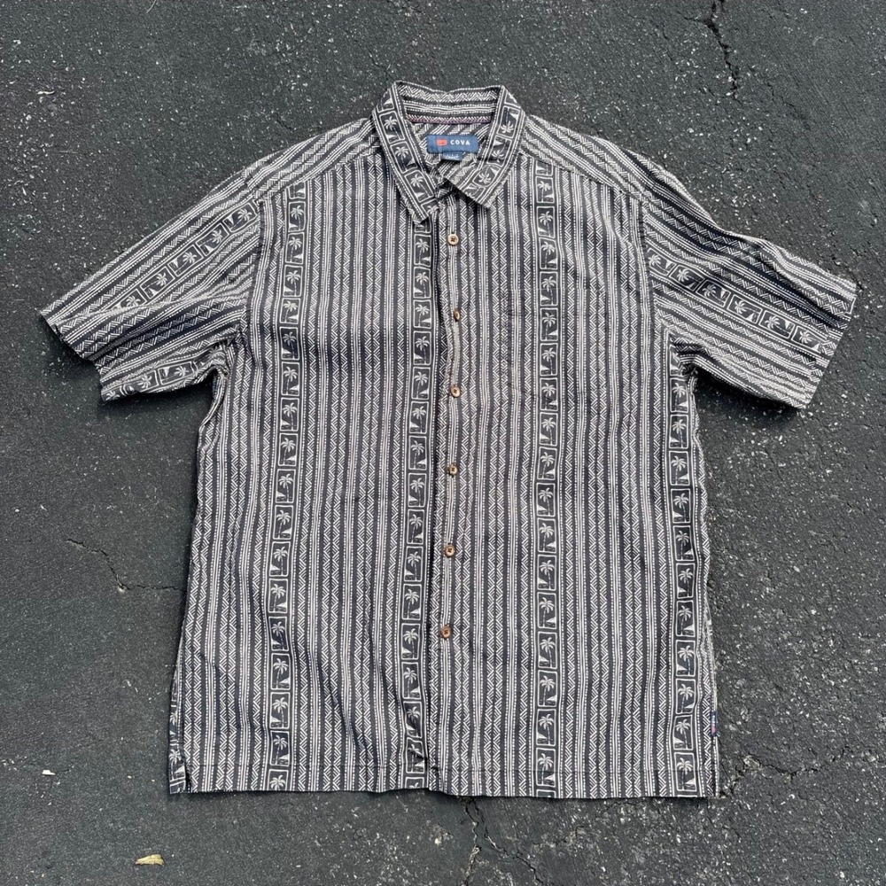 Black‎ White Tribal Palm Print Button Up Shirt Resort Vacation Large